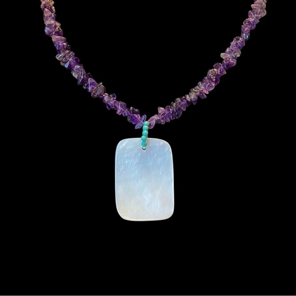 Vintage Amethyst Necklace W/ Mother Of Pearl Pendant Attached W/ Turquoise Beads - Picture 2 of 5